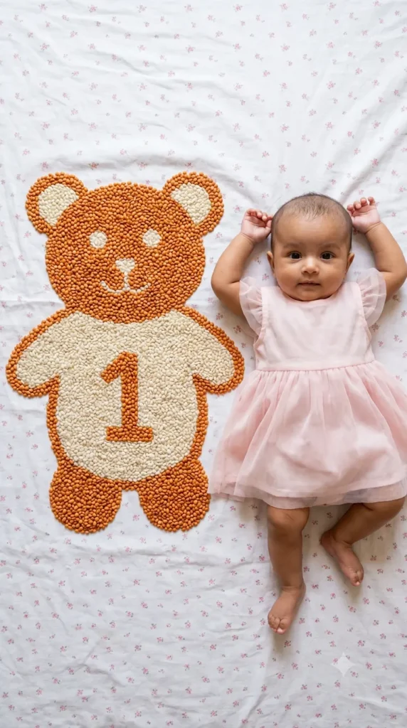 One month old baby girl in a soft pink dress beside a handmade teddy bear and number one design created from lentils and grains