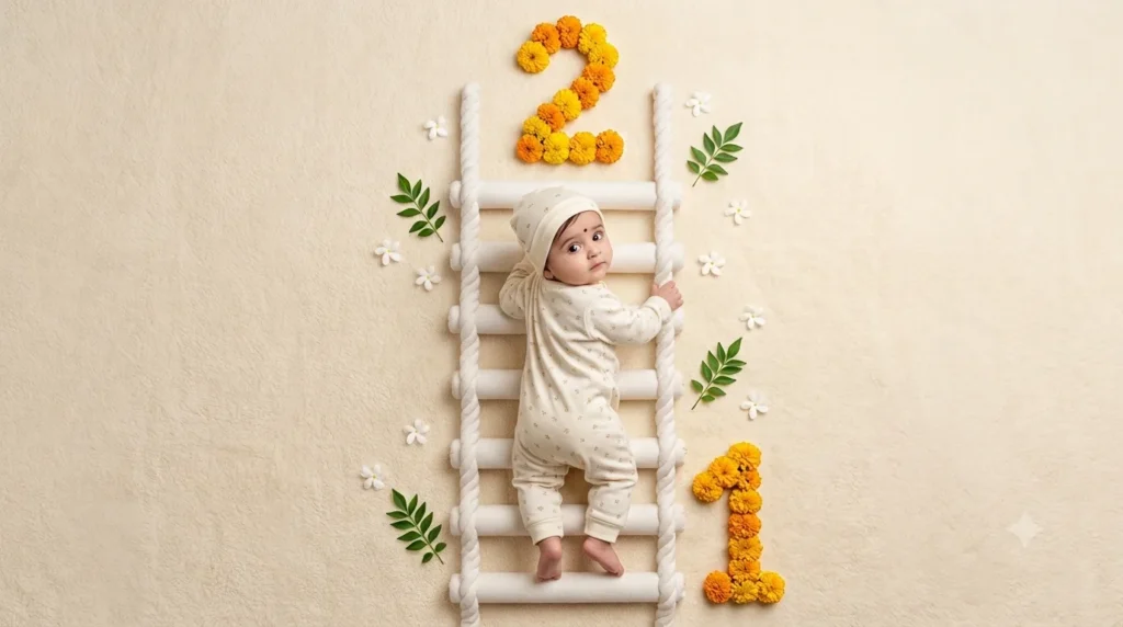 One Month Baby Photoshoot With Floral Number One Ladder