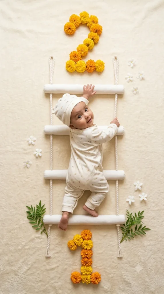 One month old baby in a white outfit climbing a soft rope ladder with marigold number one decorations on a cream backdrop