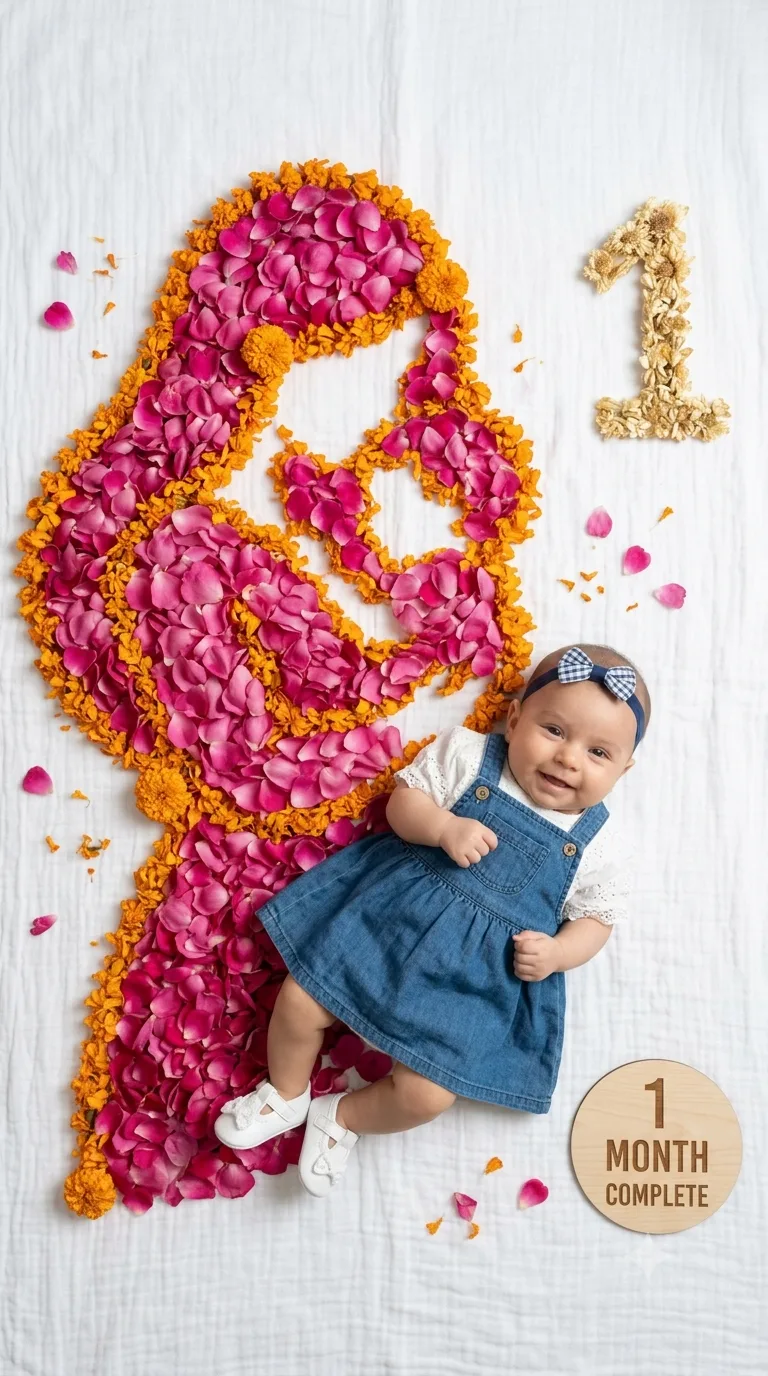 One Month Baby Girl Photo Prompt Mother-and-Child Floral Artwork